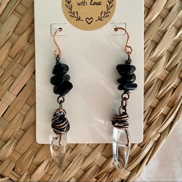 Handcrafted Black Obsidian + Clear Quartz Solid Copper Dangle Earrings - Picture 7 of 7